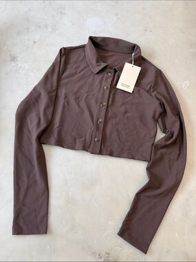 Cropped Button-Down Polo Sweater in Chocolate Brown